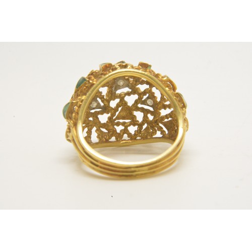 348 - Yellow gold diamond and green enamel ring stamped 750. Intricate rope and triangular design holding ... 