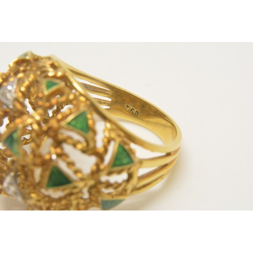 348 - Yellow gold diamond and green enamel ring stamped 750. Intricate rope and triangular design holding ... 