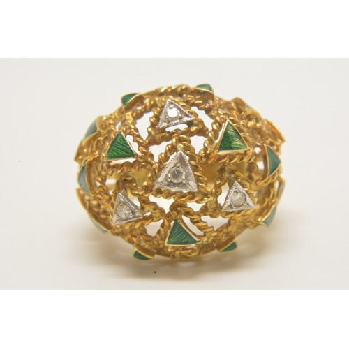 348 - Yellow gold diamond and green enamel ring stamped 750. Intricate rope and triangular design holding ... 