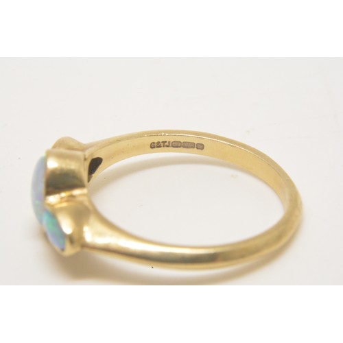 352 - 9ct yellow gold opal trilogy ring, hallmarked 375.  Approx size P, approx gross weight of ring 2.75g... 