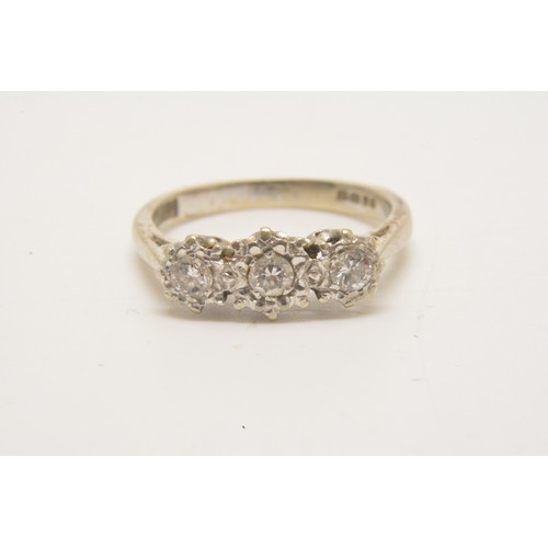 353 - Diamond trilogy ring, white gold marked 15ct. gross weight 4g. approx size O.