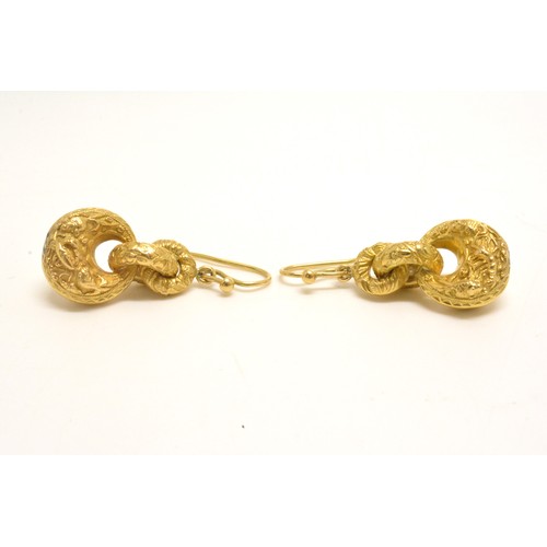 355 - A pair of gold earrings (for pierced ears)  with embossed fish and sea creatures
(unmarked, tested a... 