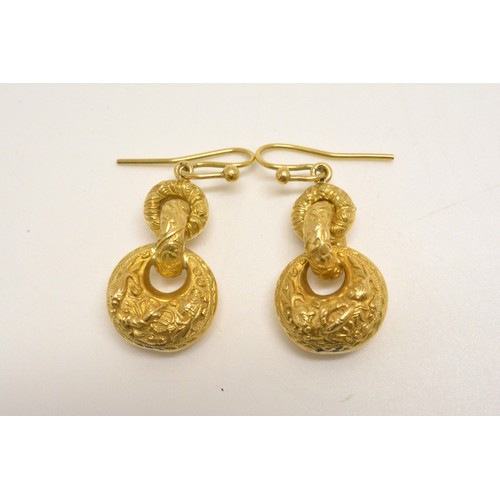 355 - A pair of gold earrings (for pierced ears)  with embossed fish and sea creatures
(unmarked, tested a... 