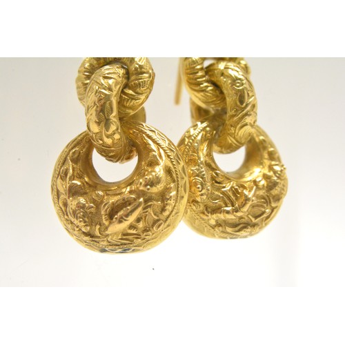 355 - A pair of gold earrings (for pierced ears)  with embossed fish and sea creatures
(unmarked, tested a... 