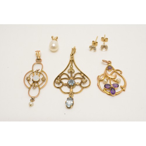 359 - Edwardian design openwork pendants with semi precious stones, pearl pendant, and pair of 9ct yellow ... 