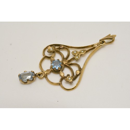 359 - Edwardian design openwork pendants with semi precious stones, pearl pendant, and pair of 9ct yellow ... 