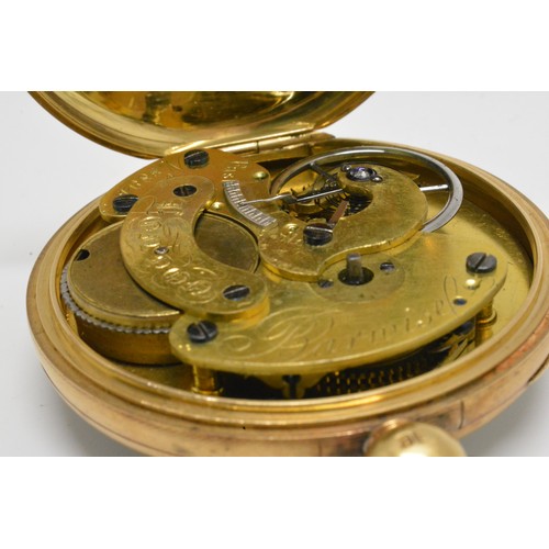 365 - 18ct full hunter gold pocket watch, white enamel dial with black roman numerals,  Barwise London 889... 