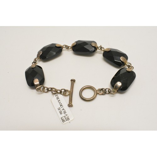 367 - Silver faceted black agate ring, with bracelet  and necklace, all stamped 925, new with tag