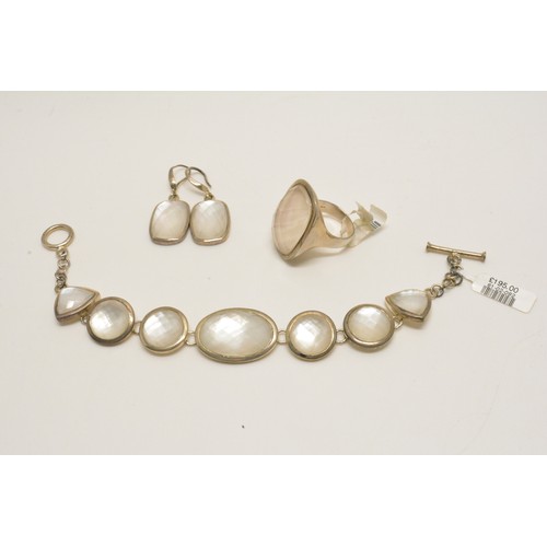 368 - Silver with mother of pearl bracelet, earrings and ring, all stamped 925, new with tags