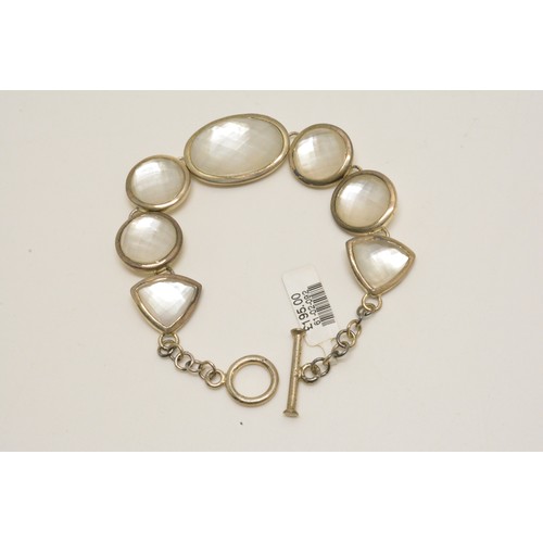 368 - Silver with mother of pearl bracelet, earrings and ring, all stamped 925, new with tags