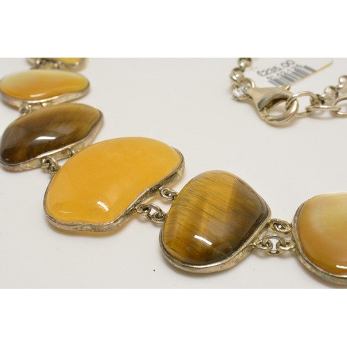 370 - 925 Silver tigers, mother of pearl necklace, new with tags with co-ordinating silver earrings stampe... 