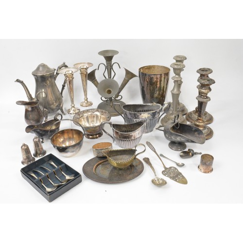 78 - A group of vintage silver plate items to include pair of Walker & Hall spill vases etc., epergne, ca... 