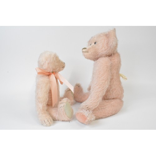 44 - x2 Beardwell Pink bears, both with suede paws and pads, one with pink bow. approx heights are 41 cms... 