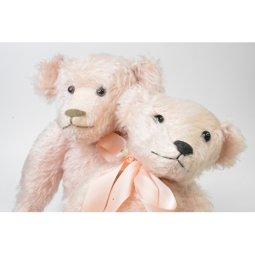 44 - x2 Beardwell Pink bears, both with suede paws and pads, one with pink bow. approx heights are 41 cms... 