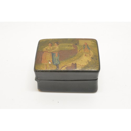 104 - Antique papier mache lacquered snuff box with scene depicting courting couple on a walk