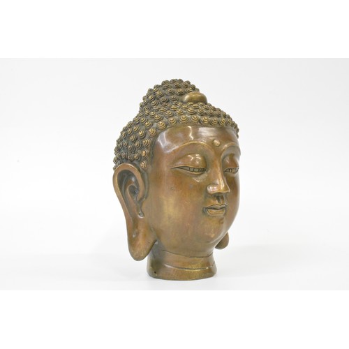 107 - Bronzed buddha head, heavy metal, approx H19cm