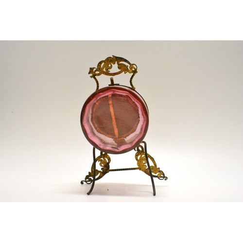 115 - Antique pocket watch display case, cranberry glass with bevelled edge, Ormolu design to stand. Appro... 