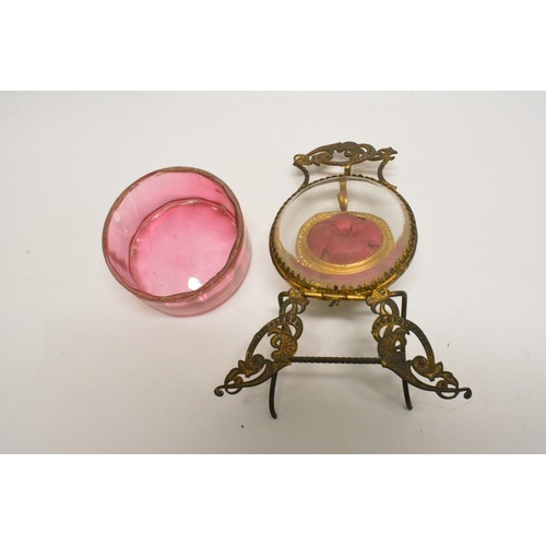 115 - Antique pocket watch display case, cranberry glass with bevelled edge, Ormolu design to stand. Appro... 