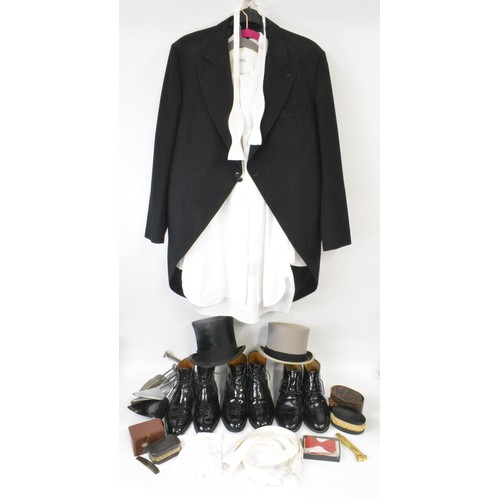 122 - Master of Ceremonies attire to include moleskin top hat, shoes, shoe lasts, gloves, jacket, shirt, c... 