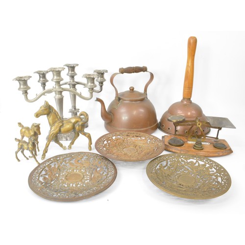 151 - Group of metalware items to include Simplex No.2 washing implement, openwork mytholgical plates, woo... 