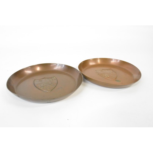 152 - Pair of James Sankey & Sons solid copper trays with crest to centre