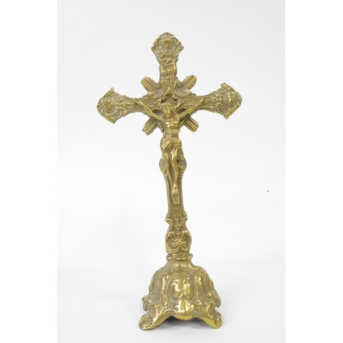 153 - Vintage brass crucifix with Corpus Christie and INRI to top 24cm together with mixed candlesticks va... 