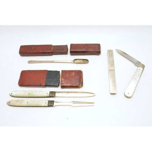 Georgian silver folding knife and fork set with mother of pearl handles in original leather case, one pocket knife with mother of pearl handle, Walker & Hall, together with stamped SP toothbrush in original leather case