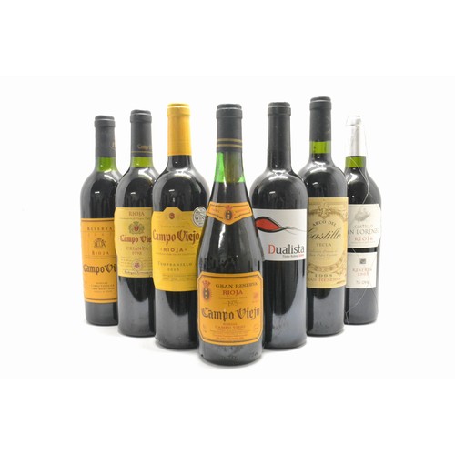 233 - 7 bottles Spanish wine, 4 bottles Camp Viejo, 1 gran reserva, 1975, 1 riserva, 1987, 1 crianza 1998,... 