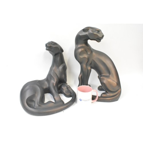 255 - x2 large bronze effect ceramic figures of big cats/jaguars, approx max H17cm. AF