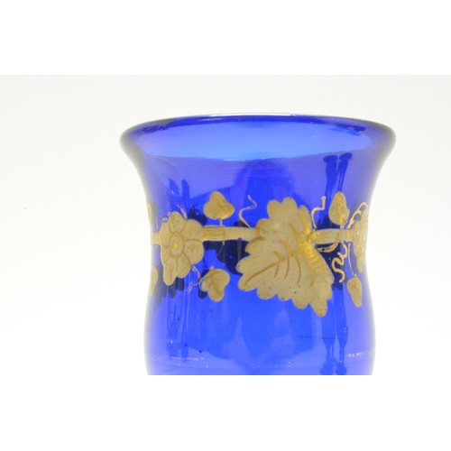 273 - Cobalt blue glasses (x6) with gilded vine decoration together with Georgian Bristol blue 'soy' condi... 