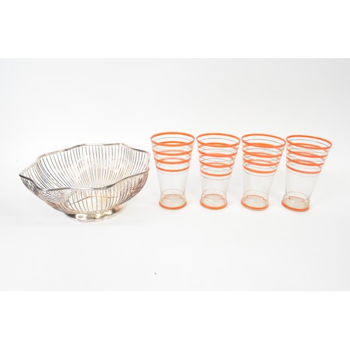 275 - Set of 4 retro glass tumblers, orange and silver swirls pattern  measuring 14 cms tall together with... 