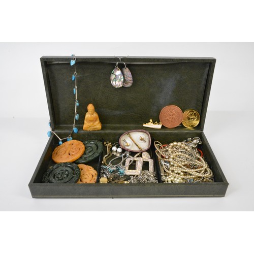 279 - Box containing mixed costume jewellery, cufflinks, a carved Buddha figure and carved oriental medall... 