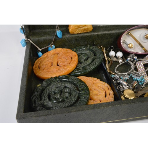 279 - Box containing mixed costume jewellery, cufflinks, a carved Buddha figure and carved oriental medall... 