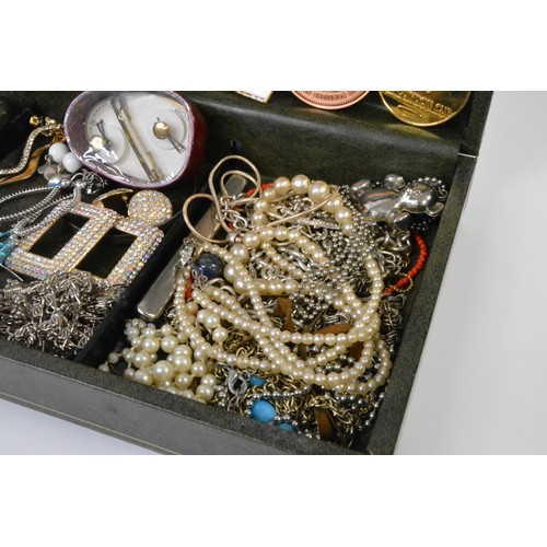 279 - Box containing mixed costume jewellery, cufflinks, a carved Buddha figure and carved oriental medall... 