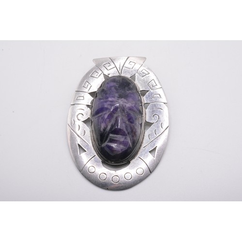 292 - Vintage ARR Mexico 925 Sterling Silver Carved Amethyst Face Pin brooch which can be worn as a pendan... 