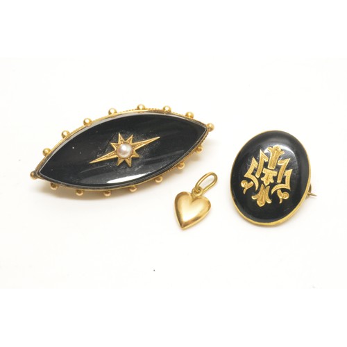 294 - Victorian mourning brooch containing  hair, together with one other pin brooch, plus a small heart p... 