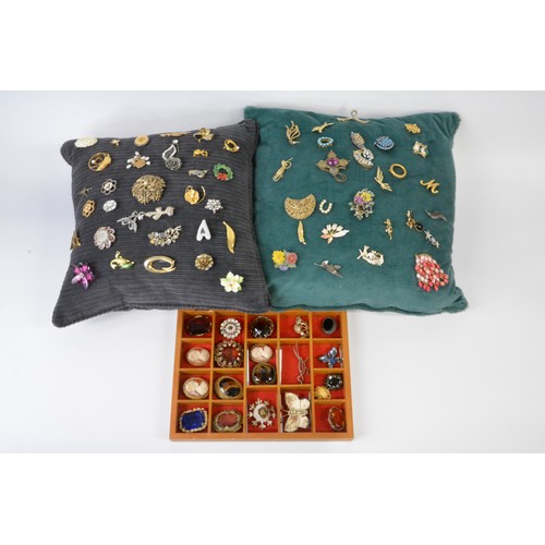 296 - Various pin brooches, to include wooden  case (excludes display cushions)