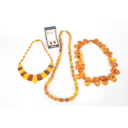 297 - Amber necklaces (possibly reconstructed) plus pair of boxed earrings, butterflies stamped 925.