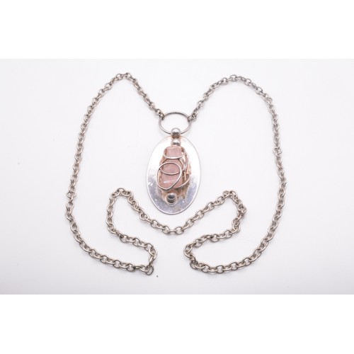 301 - Necklace with Rose Quartz,  stamped D.S. Handmade Denmark possibly Dansk Smykkekunst,