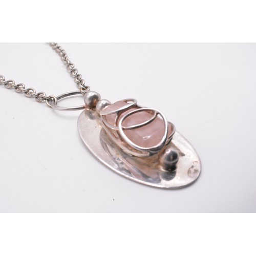 301 - Necklace with Rose Quartz,  stamped D.S. Handmade Denmark possibly Dansk Smykkekunst,