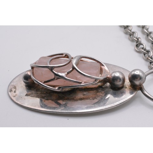 301 - Necklace with Rose Quartz,  stamped D.S. Handmade Denmark possibly Dansk Smykkekunst,