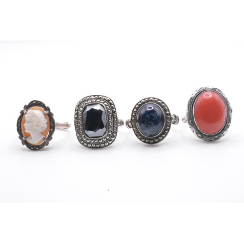 305 - X4 continental silver rings, some with semi-precious stones, mixed sizes