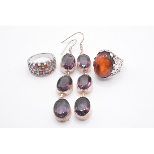 310 - x2 rings and drop earrings of cabochon / mixed gemstones styles,  AF. Approx ring size N.