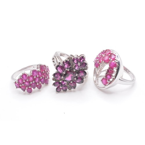 311 - x3 silver gemstone rings of pink tones, to include tree of life design, all marked 925. Sizes N/O.