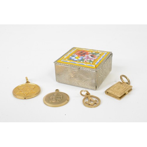 328 - Italian Mosaic pill box containing pendants/charms some of which are stamped 375 gold.