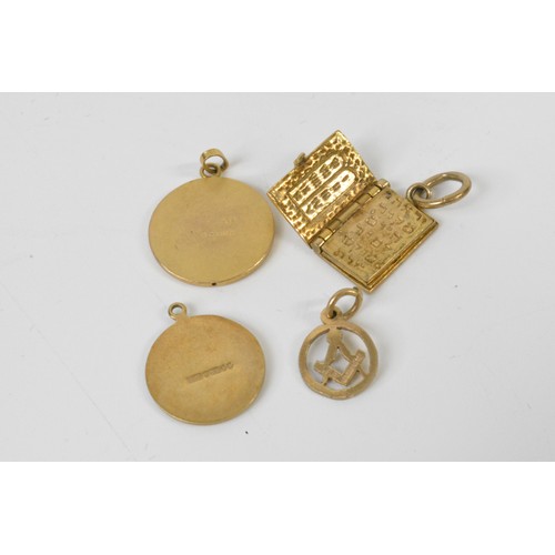 328 - Italian Mosaic pill box containing pendants/charms some of which are stamped 375 gold.