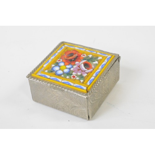 328 - Italian Mosaic pill box containing pendants/charms some of which are stamped 375 gold.