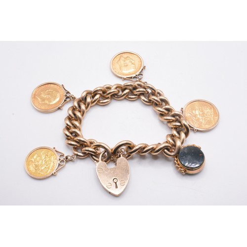 333 - 9ct gold link bracelet with padlock clasp, with attached x4 gold coins/fob charm - all links and cla... 