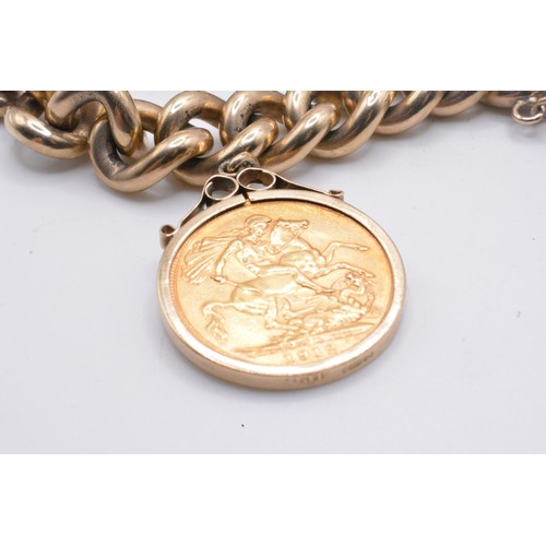 333 - 9ct gold link bracelet with padlock clasp, with attached x4 gold coins/fob charm - all links and cla... 