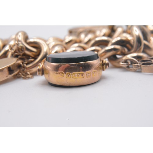 333 - 9ct gold link bracelet with padlock clasp, with attached x4 gold coins/fob charm - all links and cla... 